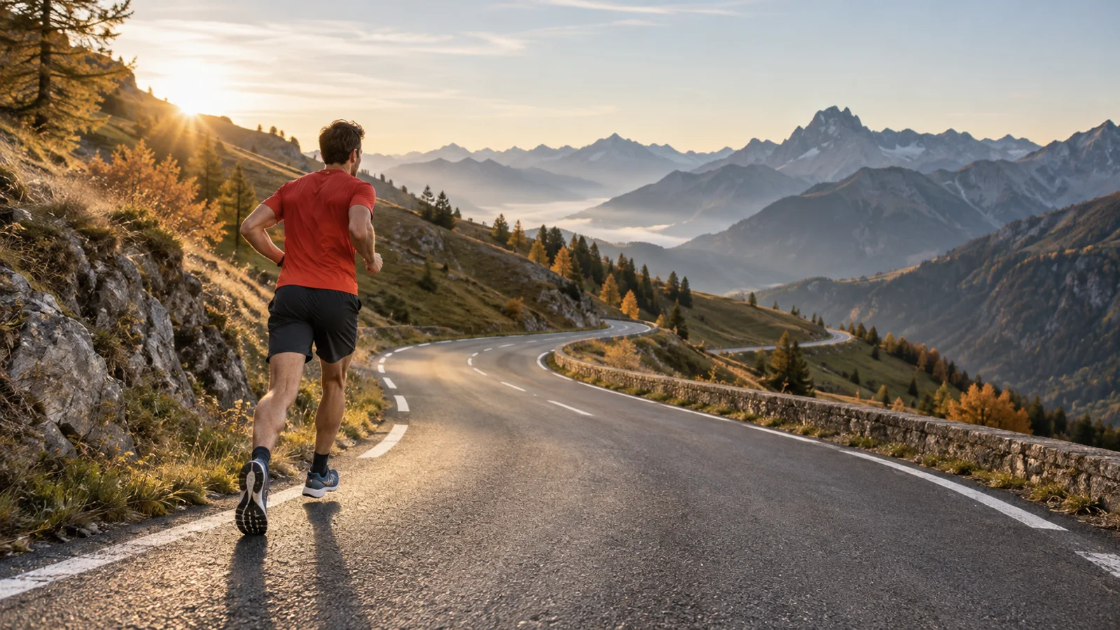 Un coureur en tee-shirt rouge gravit une route de col bordée de montagnes au lever du soleil.
